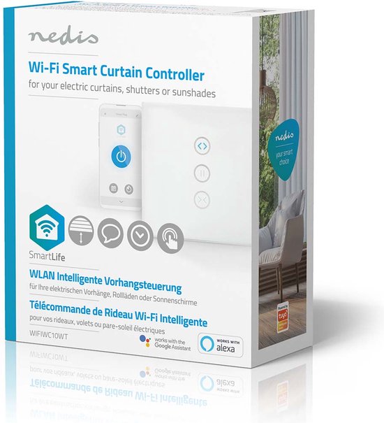Verpakking van Nedis Wi-Fi Smart Curtain Controller met afbeeldingen van de schakelaar en smartphone.