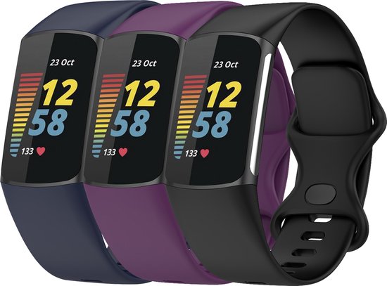 YONO Siliconen Bandjes geschikt voor Fitbit Charge 5 - 3-Pack - Donkerblauw – Paars – Zwart - Small