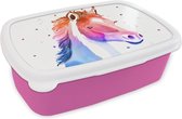 Broodtrommel Roze - Lunchbox - Brooddoos - Paard - Roze - Paars - Meisjes - Kinderen - Meiden - 18x12x6 cm - Kinderen - Meisje