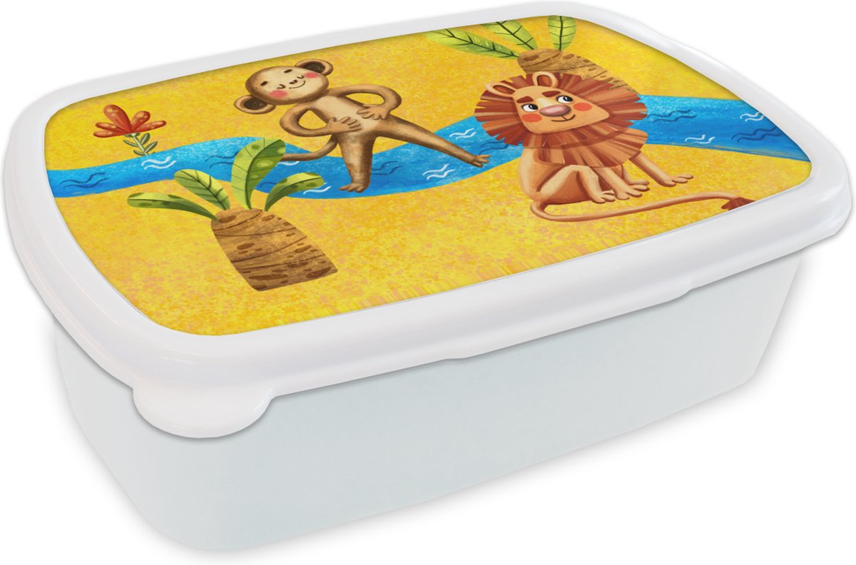 Broodtrommel Wit - Lunchbox - Brooddoos - Aap - Leeuw - Jungle - Water - 18x12x6 cm - Volwassenen