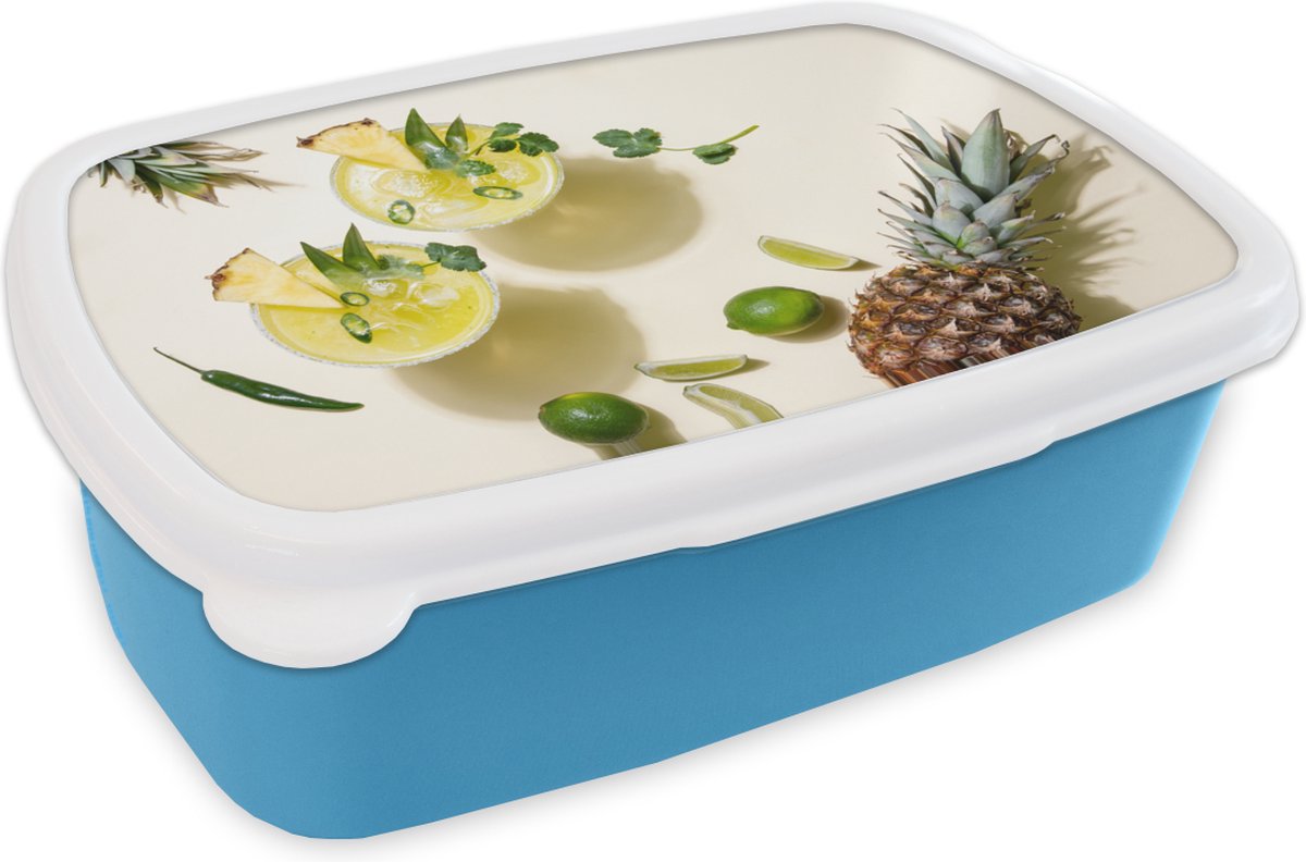 Broodtrommel Blauw - Lunchbox - Brooddoos - Drank - Ananas - Zomer - 18x12x6 cm - Kinderen - Jongen