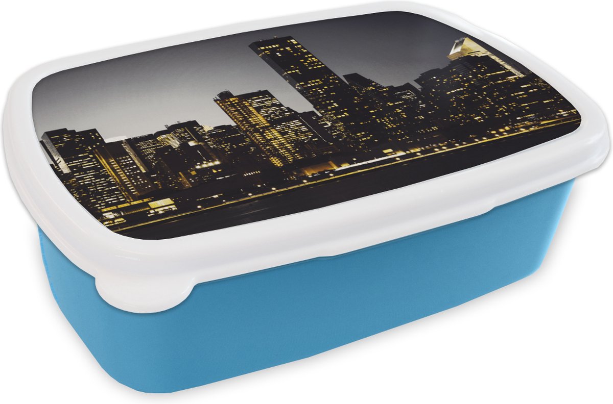 Broodtrommel Blauw - Lunchbox - Brooddoos - New York - Verlichting - Lamp - 18x12x6 cm - Kinderen - Jongen