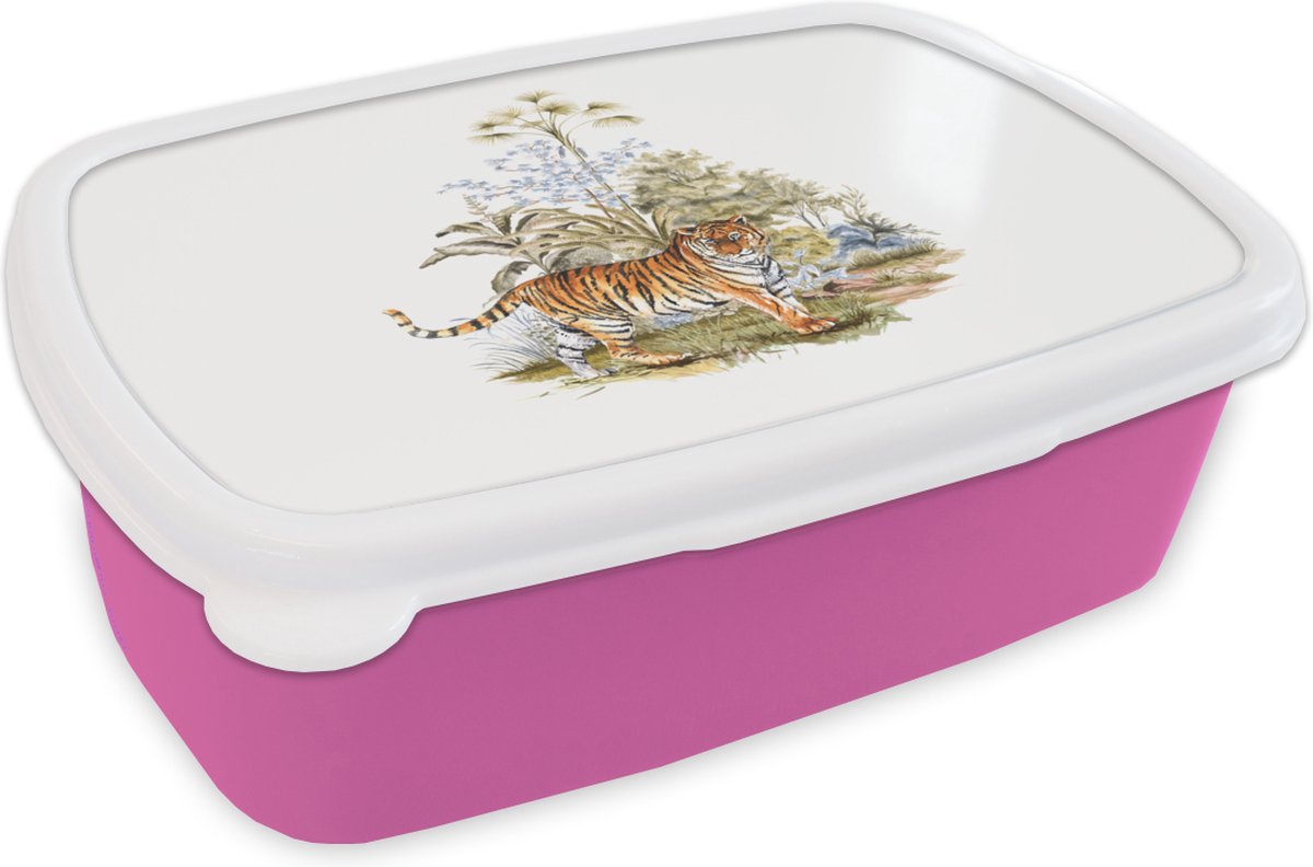 Broodtrommel Roze - Lunchbox - Brooddoos - Tijger - Schlderij - Bos - 18x12x6 cm - Kinderen - Meisje