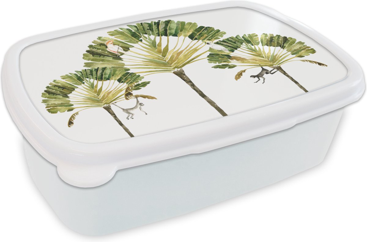 Broodtrommel Wit - Lunchbox - Brooddoos - Jungle - Kaketoe - Boom - 18x12x6 cm - Volwassenen