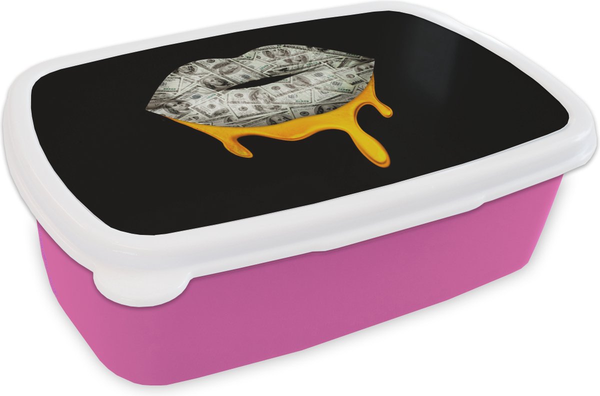 Broodtrommel Roze - Lunchbox - Brooddoos - Lippen - Geld - Zwart - Wit - 18x12x6 cm - Kinderen - Meisje