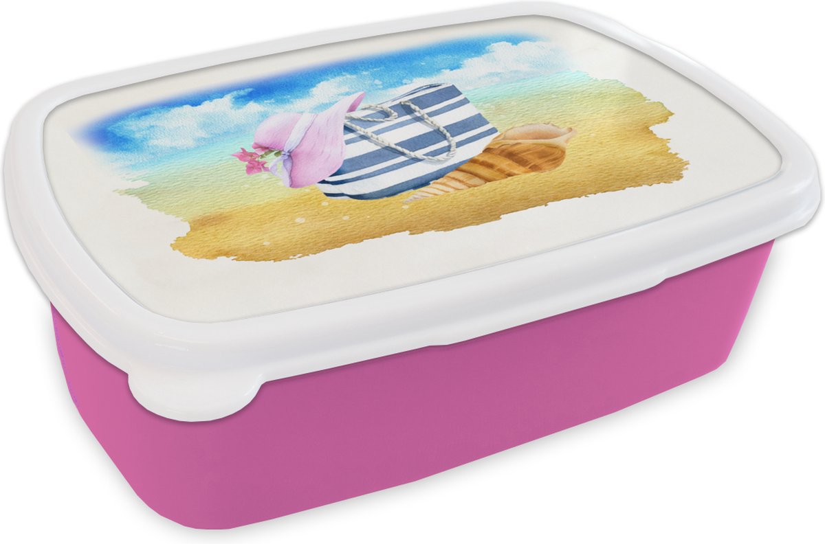 Broodtrommel Roze - Lunchbox - Brooddoos - Tas - Hoed - Schelp - Strand - 18x12x6 cm - Kinderen - Meisje