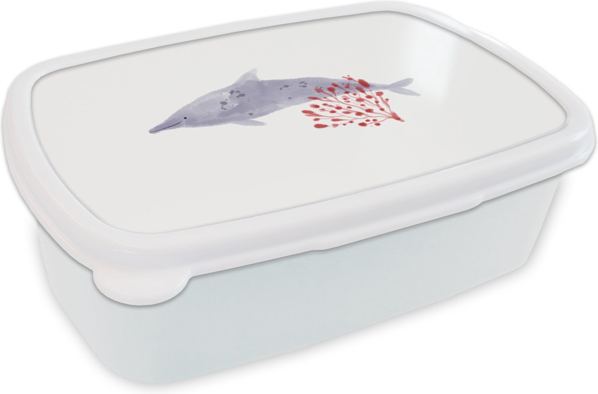 Broodtrommel Wit - Lunchbox - Brooddoos - Dolfijn - Planten - Zee - Aquarel - 18x12x6 cm - Volwassenen