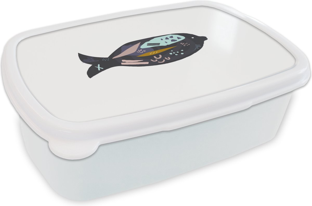 Broodtrommel Wit - Lunchbox - Brooddoos - Zwart - Vis - Pastel - 18x12x6 cm - Volwassenen
