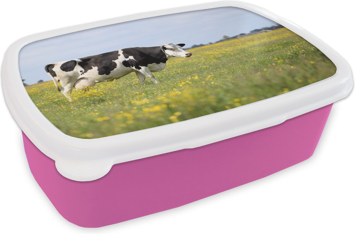 Broodtrommel Roze - Lunchbox - Brooddoos - Koe - Gras - Bloemen - 18x12x6 cm - Kinderen - Meisje