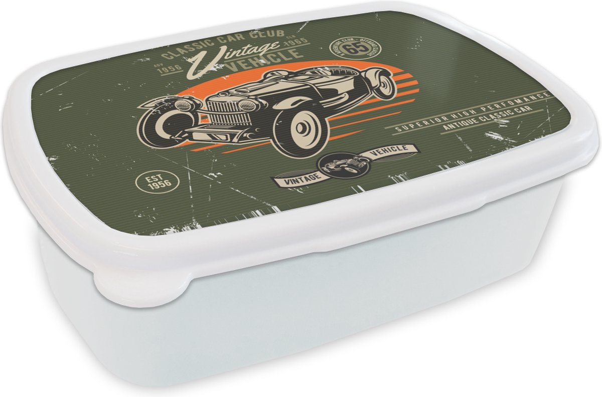 Broodtrommel Wit - Lunchbox - Brooddoos - Vintage - Oldtimer - Auto - 18x12x6 cm - Volwassenen