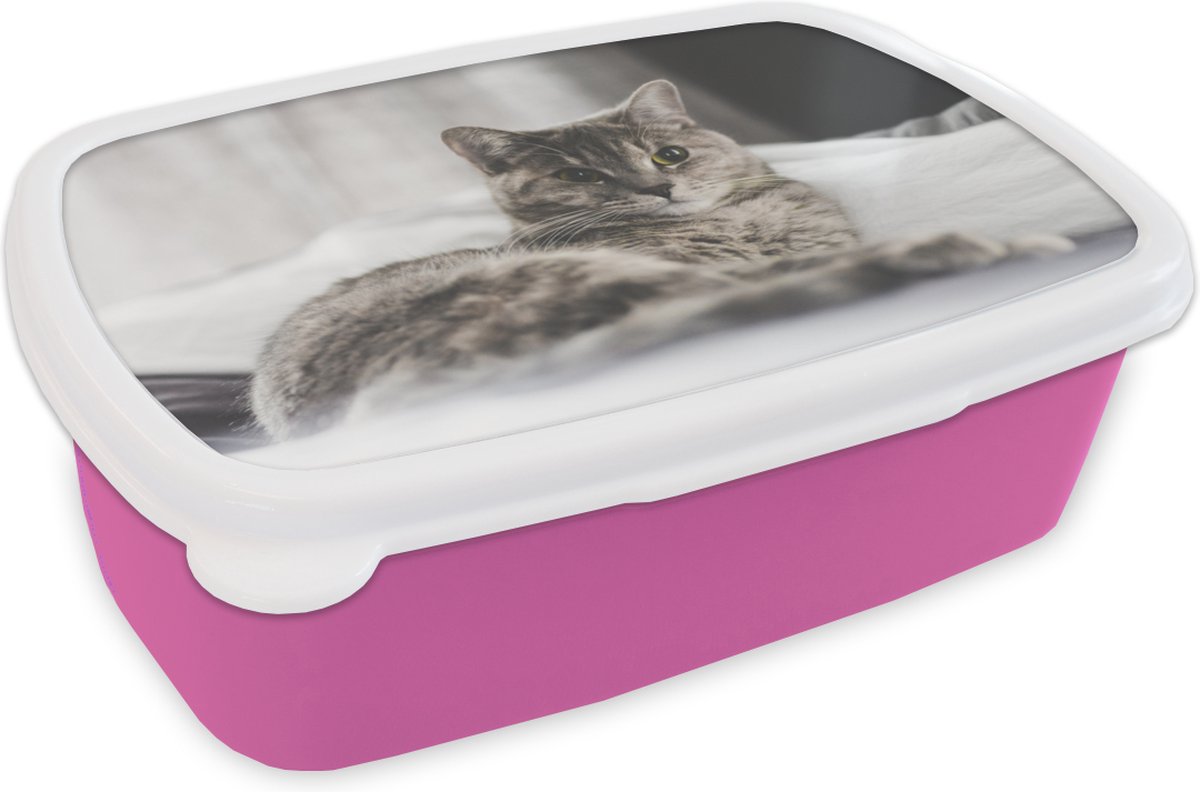 Broodtrommel Roze - Lunchbox - Brooddoos - Kat - Lakens - Bed - 18x12x6 cm - Kinderen - Meisje