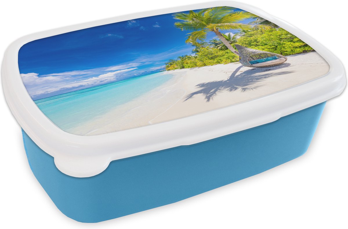 Broodtrommel Blauw - Lunchbox - Brooddoos - Strand - Palm - Hangstoel - 18x12x6 cm - Kinderen - Jongen