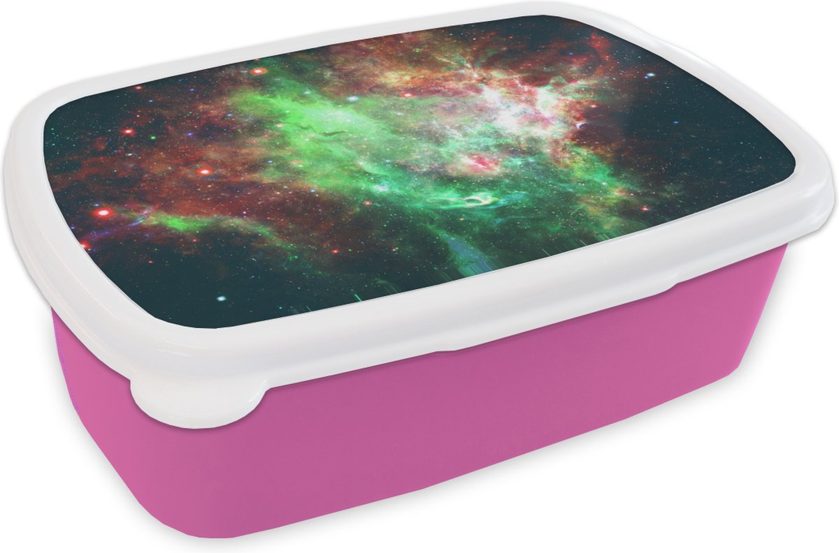 Broodtrommel Roze - Lunchbox - Brooddoos - Ruimte - Sterren - Groen - 18x12x6 cm - Kinderen - Meisje