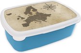 Broodtrommel Blauw - Lunchbox - Brooddoos - Kaart - Europa - Kompas - 18x12x6 cm - Kinderen - Jongen