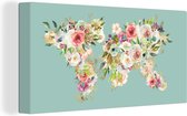 Wanddecoratie Wereldkaart - Rozen - Anemoon - Pastel - Canvas - 160x80 cm