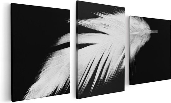 Artaza Canvas Schilderij Drieluik Witte Veer op een Zwarte Achtergrond - 120x60 - Foto Op Canvas - Canvas Print