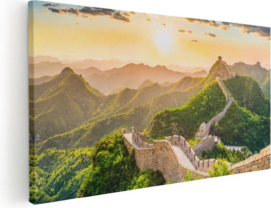 Artaza Canvas Schilderij De Chinese Muur door de Bergen met Zon - 100x50 - Groot - Foto Op Canvas - Canvas Print