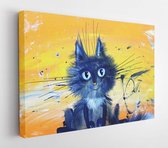 Canvas schilderij - A cute blue kitten sitting on the background yellow painted linen with brush strokes  -     468303884 - 80*60 Horizontal