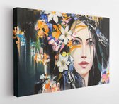 Canvas schilderij - Fantasy portrait of flowering Dryad oil painting  -     341545874 - 115*75 Horizontal