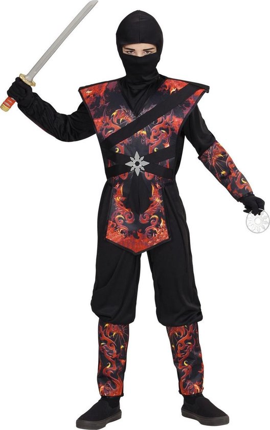 Widmann - Ninja & Samurai Kostuum - Ninja Vlammende Draak Dojo - Jongen - Rood, Zwart - Maat 140 - Carnavalskleding - Verkleedkleding
