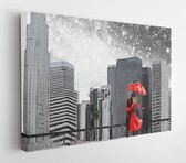 Canvas schilderij - Fantasy illustration with milky way, stars. Landscape view of the city area. I'm painting New York. Skyscrapers and sky. Man and woman under a red umbrella  -