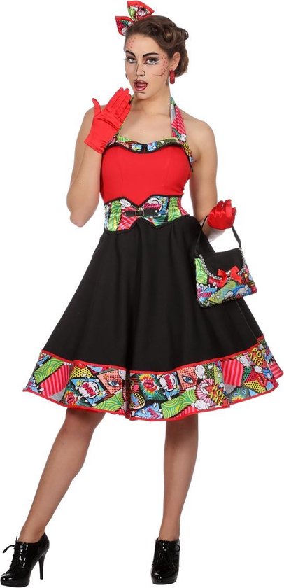 Wilbers & Wilbers - Hippie Kostuum - Pop Art Roy Strip - Vrouw - rood,zwart - Maat 40 - Carnavalskleding - Verkleedkleding