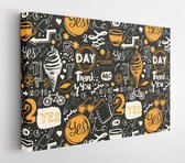 Canvas schilderij - Seamless background with drink and food symbols. Menu pattern. Vector Illustration with funny lettering and labels on black. Decorative elements for your packin