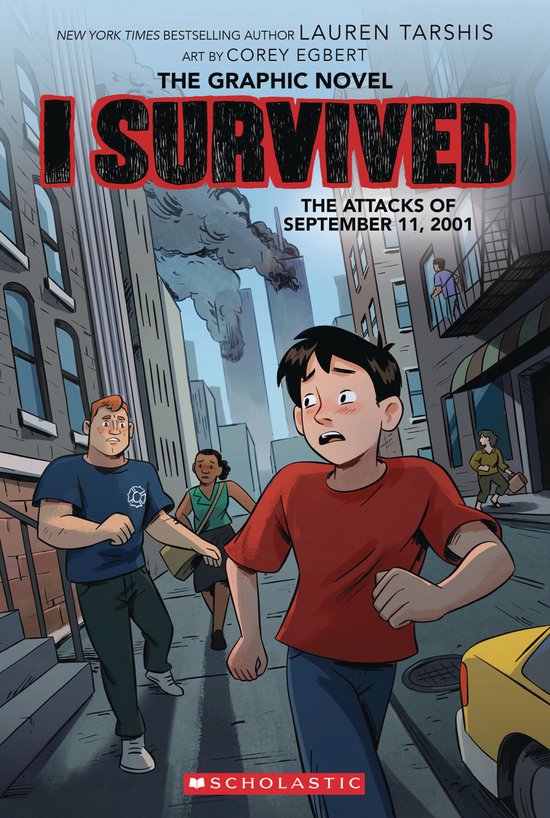Boekomslag: "I Survived the Attacks of September 11, 2001". Jongen in rode T-shirt rent weg van rookpluim boven gebouw.