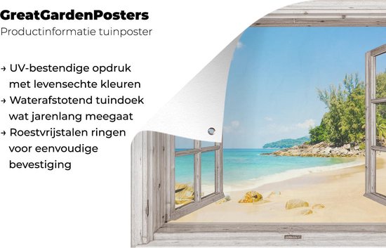 Tuinposter 80x60 cm - Tuindecoratie Doorkijk - Strand - Zand - Poster voor in de tuin - Buiten decoratie - Schutting tuinschilderij - Tuindoek muurdecoratie - Wanddecoratie balkondoek