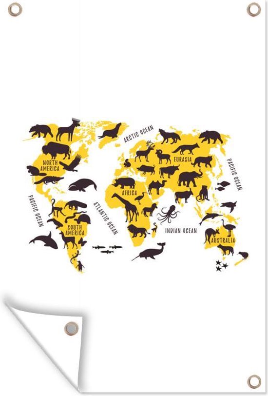 Tuindecoratie Kaart - Wereld - Dieren - 40x60 cm - Tuinposter - Tuindoek - Buitenposter