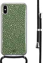 iPhone X/XS hoesje met koord - Green dots | Apple iPhone Xs crossbody case | Zwart, Transparant | Gestipt