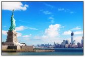 Panorama op het Vrijheidsbeeld en de skyline van New York - Foto op Akoestisch paneel - 150 x 100 cm