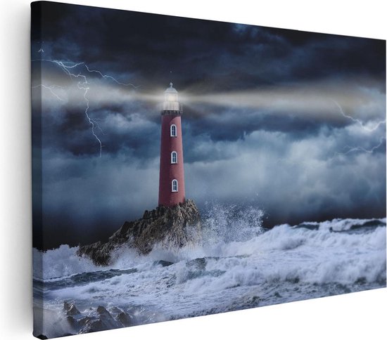 Artaza Canvas Schilderij Vuurtoren op een Storm Zee met Golfen Water - 120x80 - Groot - Foto Op Canvas - Wanddecoratie Woonkamer
