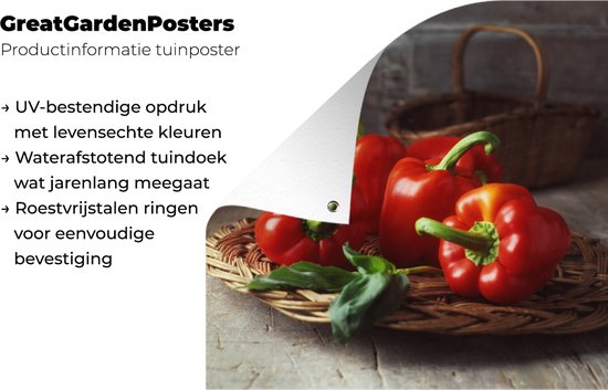 Posters de jardin Quatre poivrons rouges sur un panier en osier - 50x50 cm - Toile jardin - Affiche extérieure