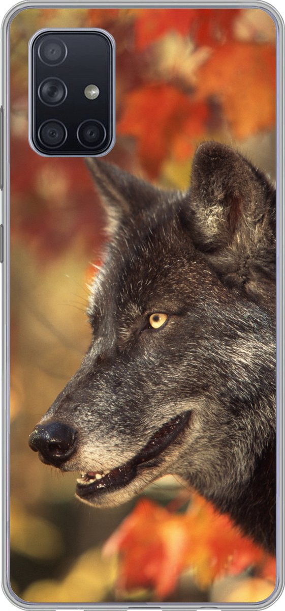 Telefoonhoesje Geschikt voor Samsung Galaxy A51 hoesje - Wolf - Close up - Bladeren - Siliconen Telefoonhoesje Telefoonhoesje