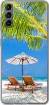 Geschikt voor Samsung Galaxy S21 Plus hoesje - Palmboom - Strandstoel - Parasol - Siliconen Telefoonhoesje