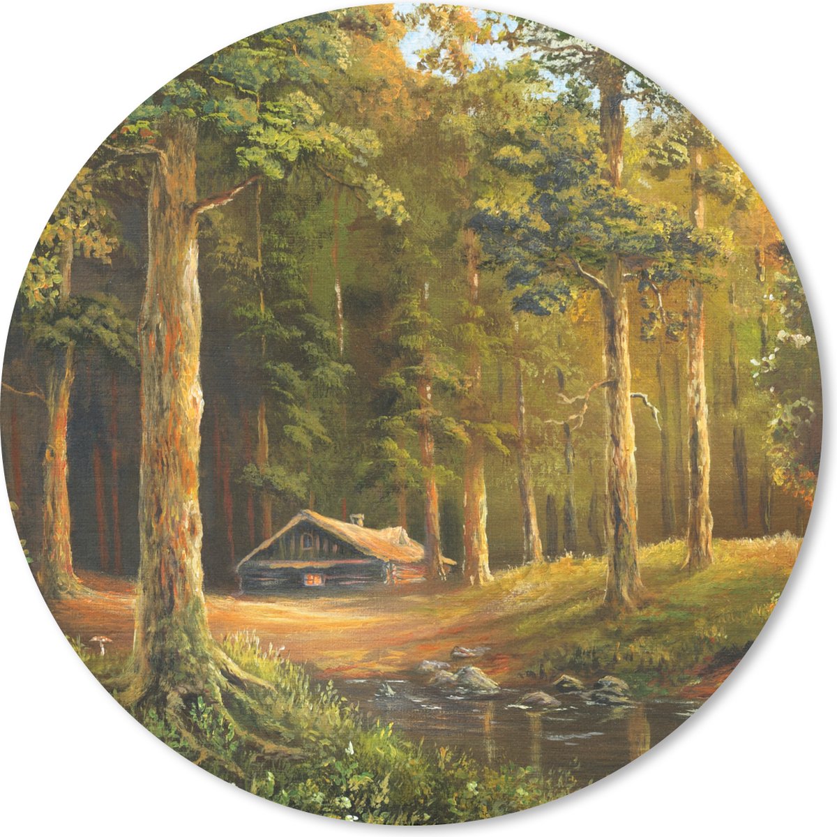 Muismat rond 50x50 cm - Mousepad Een illustratie van een huisje in een bos - Ronde muismatten