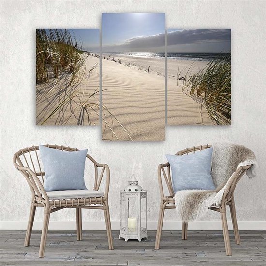 Trend24 - Canvas Schilderij - Strand en duin - Drieluik - Landschappen - 90x60x2 cm - Beige