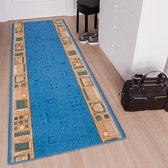 Tapiso Antislip Rubber Mat Blauw Beige Klassiek Rubbermat Tapijt Maat- 100x350