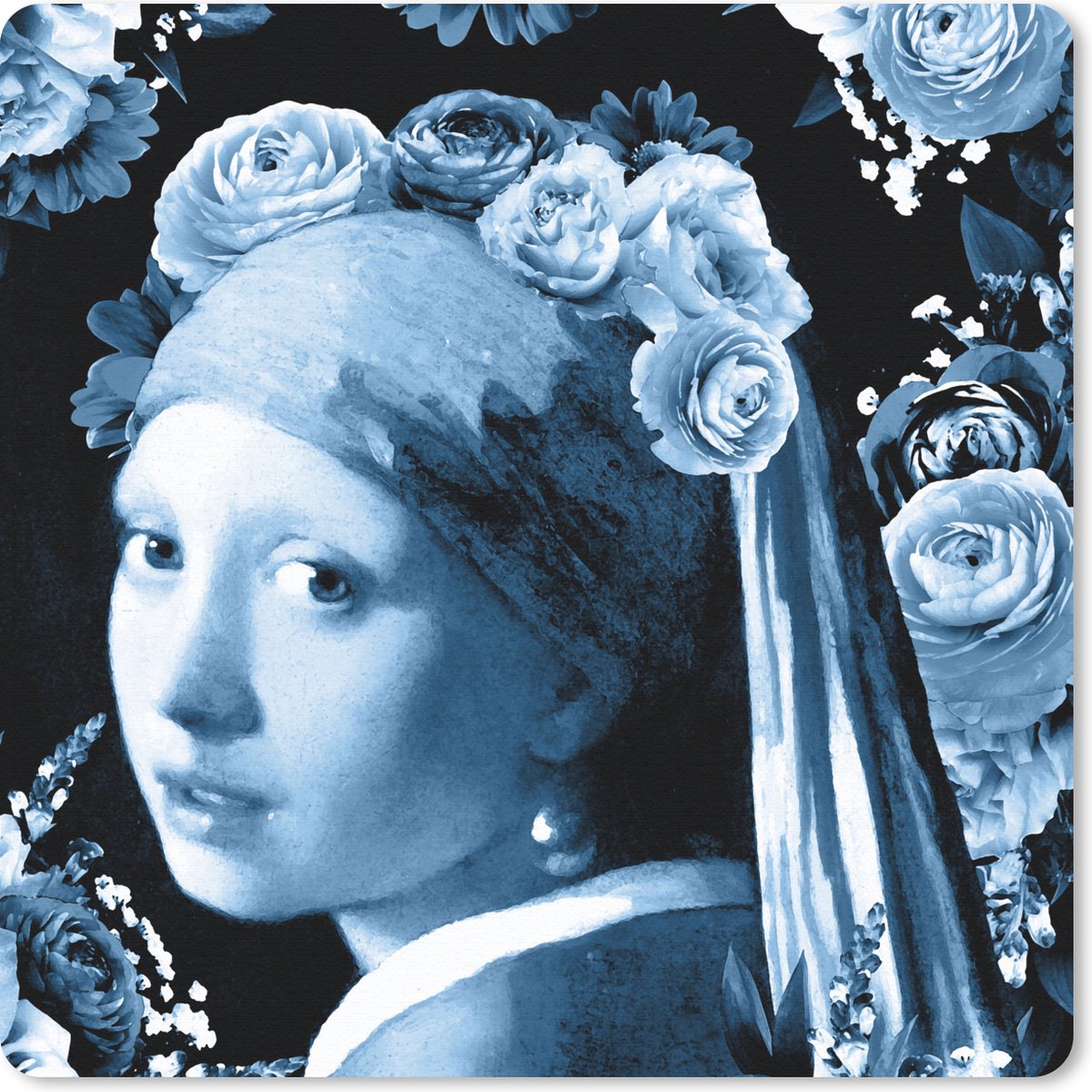 Muismat 30x30 cm - Mousepad Meisje met de parel - Rozen - Blauw - Muismatten