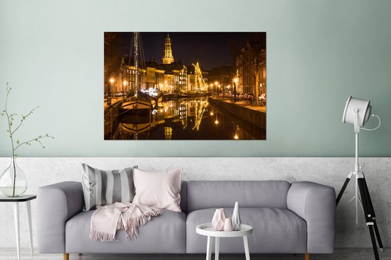 Aluminium schilderij 120x80 cm - Wanddecoratie metaal - Groningen - Nacht - Lichten - Metalen muurdecoratie woonkamer - Decoratie industrieel - Foto op dibond - Industriële accessoires slaapkamer