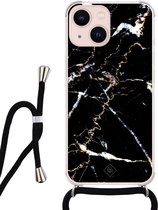 iPhone 13 hoesje met koord - Marmer zwart | Apple iPhone 13 crossbody case | Zwart, Transparant | Marmer