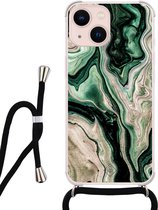 iPhone 13 hoesje met koord - Groen marmer / Marble | Apple iPhone 13 crossbody case | Zwart, Transparant | Water