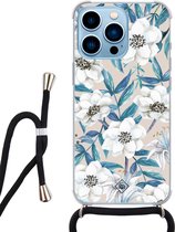 iPhone 13 Pro hoesje met koord - Bloemen / Floral blauw | Apple iPhone 13 Pro crossbody case | Zwart, Transparant | Bloemen