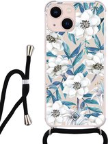 iPhone 13 hoesje met koord - Bloemen / Floral blauw | Apple iPhone 13 crossbody case | Zwart, Transparant | Bloemen