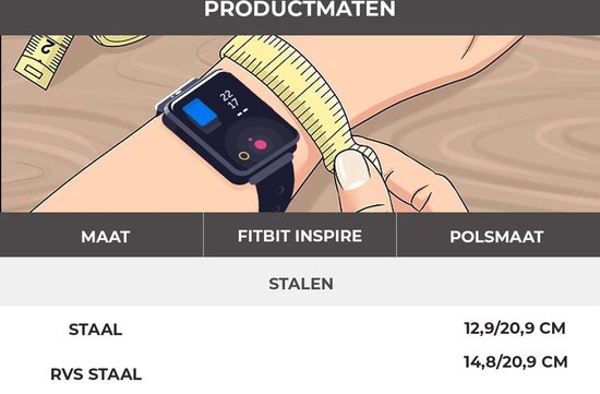 Illustratie van een pols met een Fitbit Inspire, gemeten met een meetlint.