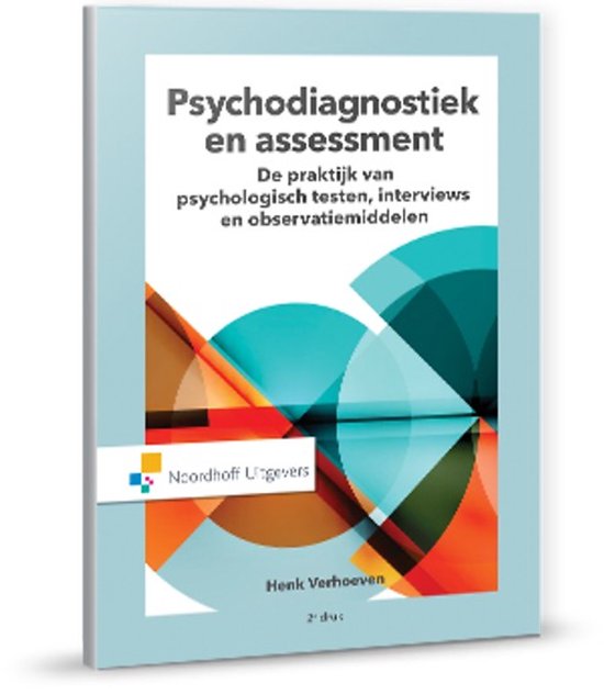 Boek 'Psychodiagnostiek en assessment' met abstracte vormen in blauw, oranje en groen.