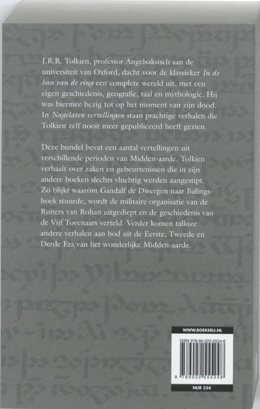 Achterkant boek 'Nagelaten vertellingen' van J.R.R. Tolkien met tekst.