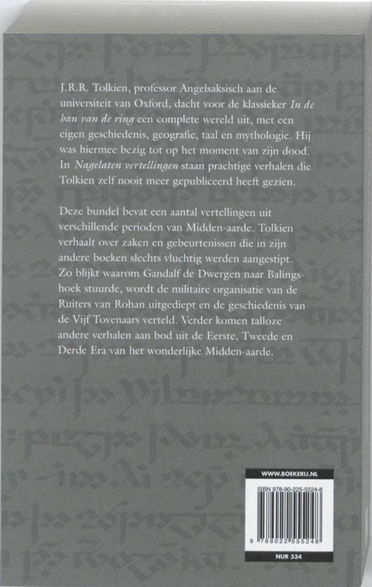 Achterkant boek 'Nagelaten vertellingen' van J.R.R. Tolkien met tekst.