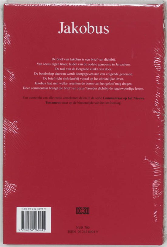 Boek met rode kaft en witte tekst 'Jakobus'. Achterkant met informatie over de inhoud en de ISBN-code.